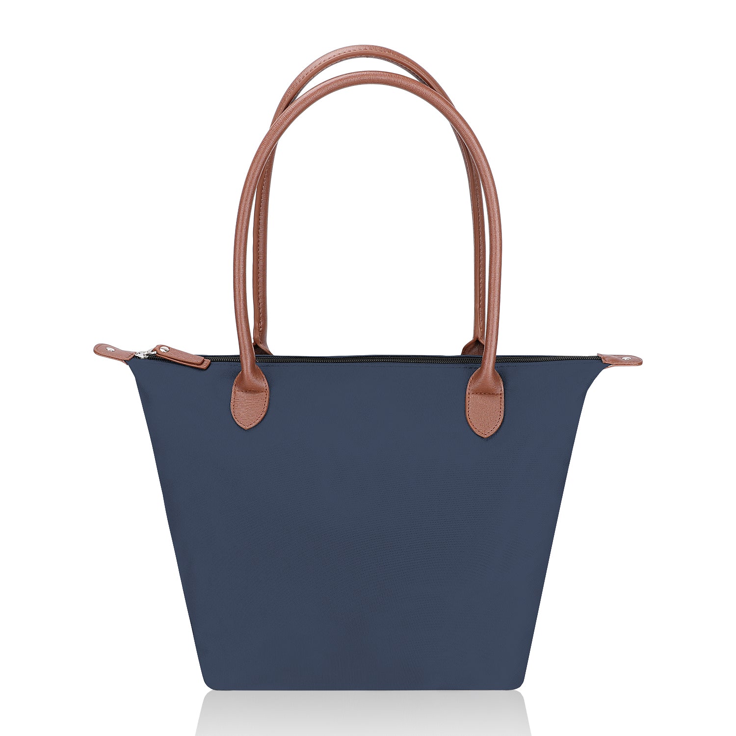 Women's Leather Tote Bags in Navy Blue with tan straps